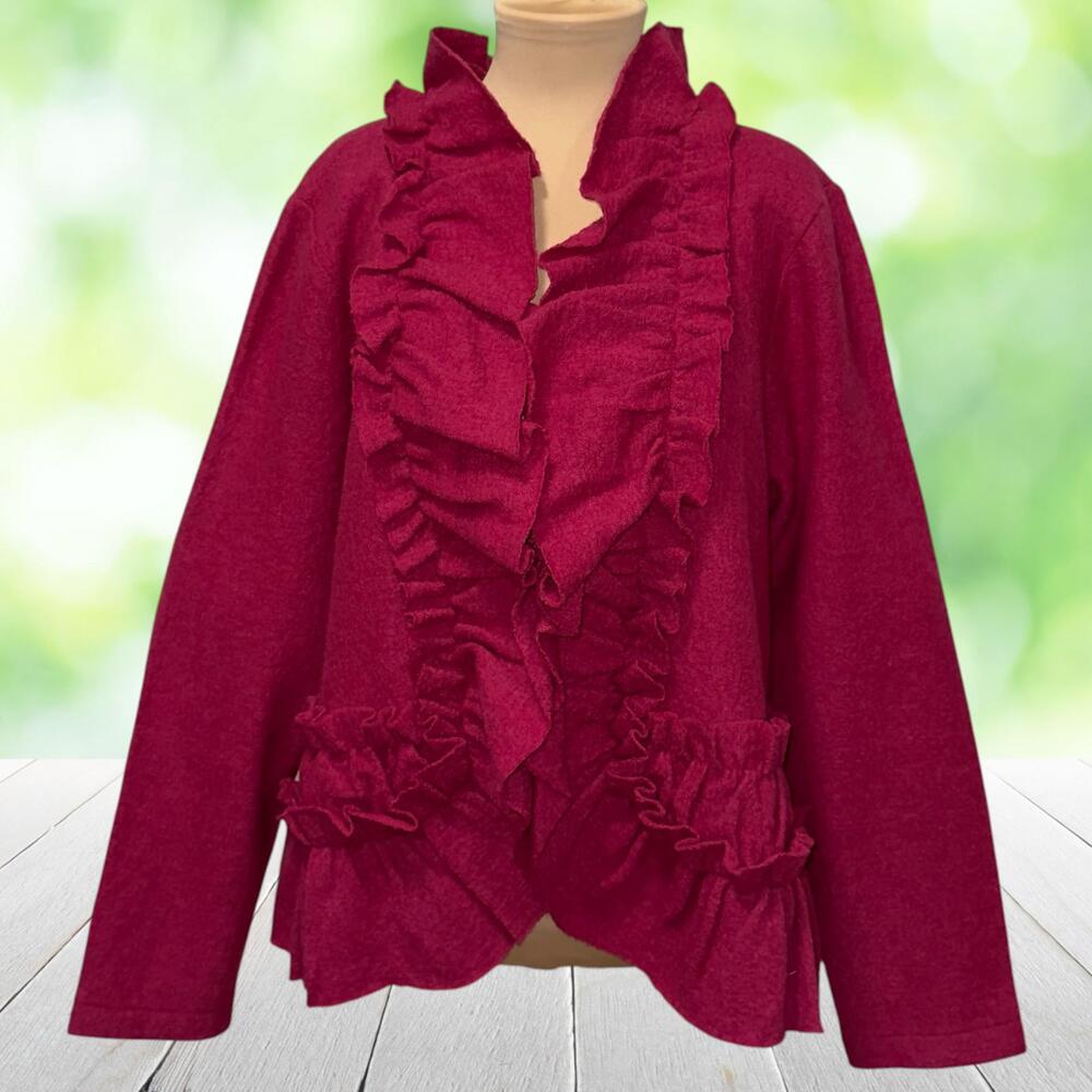 New Vtg NIOTTO Boiled Wool Jacket Ruffle Front Peplum Pockets Fuchsia Plus 1X
